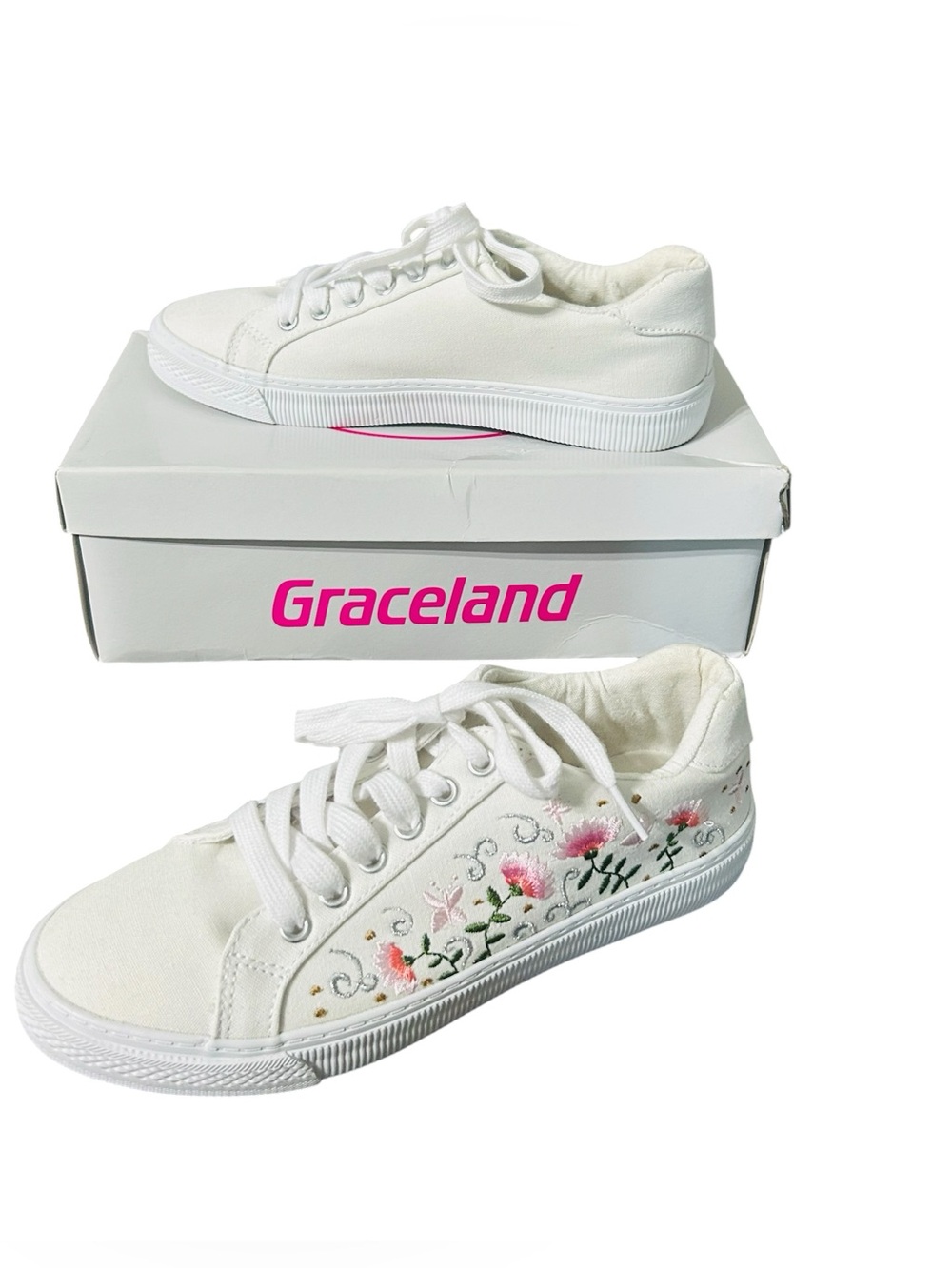 Graceland White Sneakers with Pink & Green Floral Embroider  Size 38